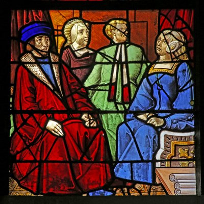 Fenêtre w17 représentant la Vie de Saint Remi. 2 hommes et 2 femmes assis - French School