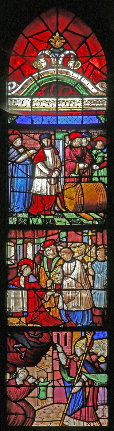 Fenêtre w19 représentant la Vie de Saint Remi. En bas : délivre une âme possédée. Centre : se voit offrir l