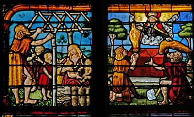 Adam construisant une maison et Ève élevant leurs enfants; Caïn et Abel font leurs offrandes au Seigneur - French School