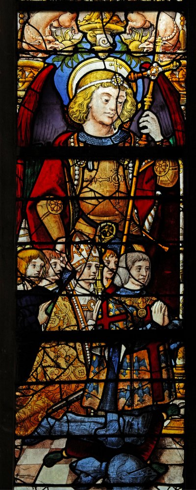 Vitrail w1 représentant Saint Michel, un évêque, un Montmorency et d