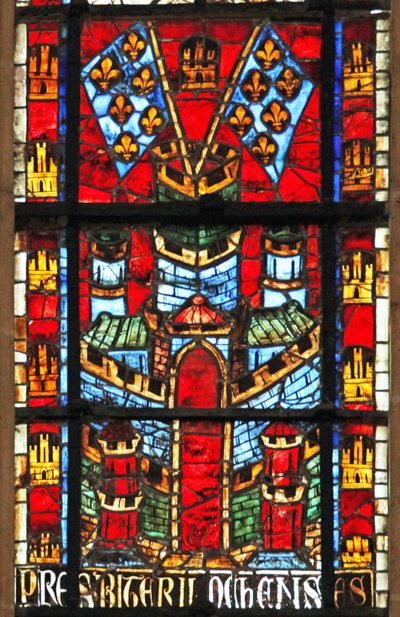 Vitrail w205 représentant un château et des drapeaux avec fleur-de-lys - French School