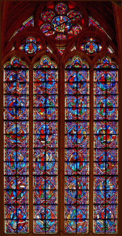 Vitrail w207 représentant Adam et Ève, Caïn et Abel - French School