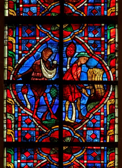 Vitrail w207 représentant Adam et Ève semant et récoltant - French School