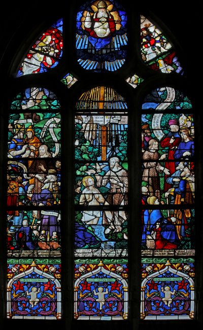 Fenêtre w20 représentant la fenêtre de Saint Jean-Baptiste : Baptême dans le Jourdain; prêchant et étant interrogé - French School