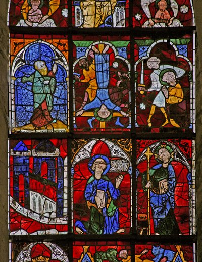 Fenêtre w221 représentant Quo Vadis ; le martyre de Saint Paul, la crucifixion de Saint Pierre ; un prophète - French School