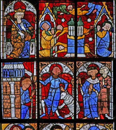 Fenêtre w221 représentant une scène de la vie de Saint Pierre : Simon le Magicien essaie de voler ; se transforme en mouton - French School
