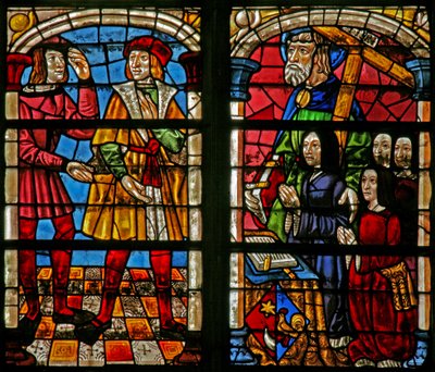 Le retour du fils prodigue : la colère du frère aîné ; la femme du donateur, ses filles, Saint Simon - French School