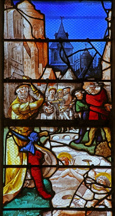 Fenêtre w23 représentant Saint Crépin et Saint Crépinien : jetés dans la rivière Aisne avec des meules autour du cou - French School