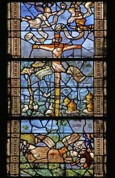 Christ en croix entouré de scènes champêtres inspirées de Virgile. Fenêtre offerte par Thomas Mangin - French School