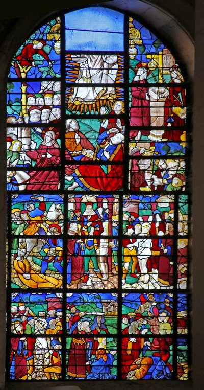 Fenêtre w27 représentant des scènes de la vie de Sainte Barbe, de la Passion et de la Transfiguration - French School