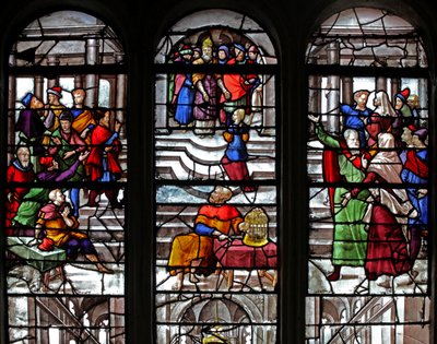 Vitrail w28 représentant la Vierge Marie reçue au Temple - French School