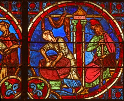 Fenêtre w2 représentant la Nativité avec des sages-femmes - French School