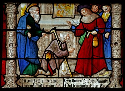 Vitrail w31 représentant une scène de la vie de Saint Denis : il guérit un aveugle ? - French School