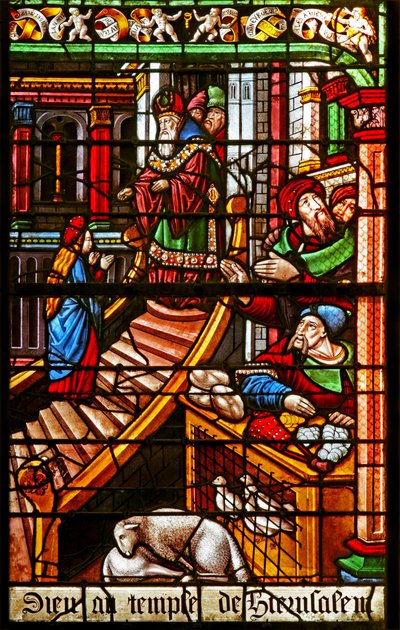 Fenêtre w38 représentant une scène de la vie de la Vierge Marie : sa Présentation au Temple - French School