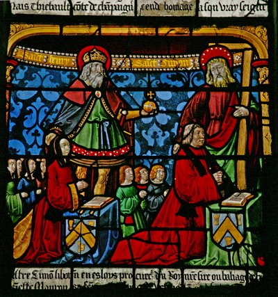Donateurs - Henriette de Mauroy et Simon Liboron avec leurs enfants et saints patrons Saint Henri et Simon de Cyrène - French School