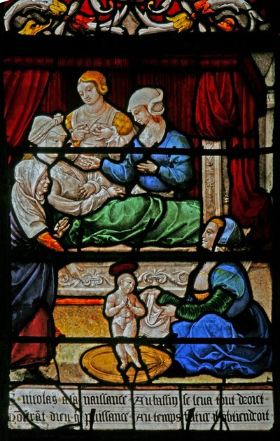 Fenêtre w3 représentant la naissance de Saint Nicolas - French School