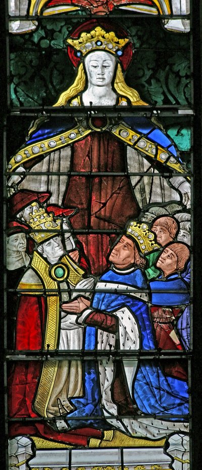 Fenêtre w4 représentant la Vierge Marie comme protectrice, le Pape Paul II et le Roi Louis XI - French School