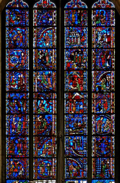 Fenêtre w53 représentant des scènes de la vie de Sainte Catherine, Saint Nicolas, Saint Jean-Baptiste, Saint Étienne - French School