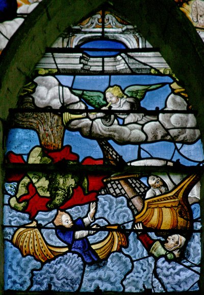 Fenêtre w5 représentant une scène du Livre de la Révélation de Saint Jean : une montagne tombe dans la mer ; un tiers est transformé en sang - French School