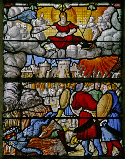 Fenêtre w5 représentant une scène du Livre de la Révélation de Saint Jean : les armées de la terre font des ravages ; la mer rend ses morts - French School