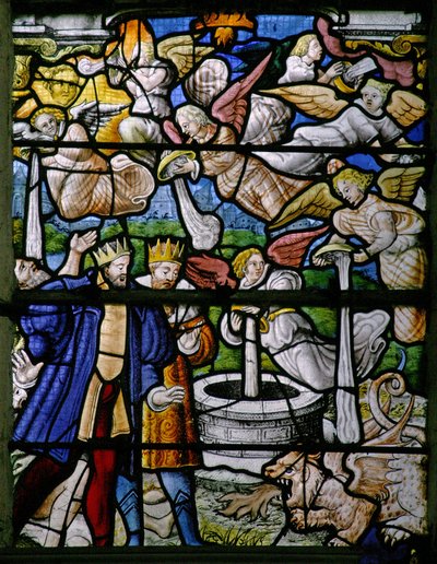 Fenêtre w5 représentant des scènes du Livre de la Révélation de Saint Jean : des hommes sont brûlés ; l