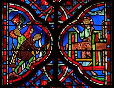 Les arbres de la forêt sont abattus avec une hache (L) Is X 33-34. Le Christ avec le pressoir (R) Is LXIII 1-6 - French School