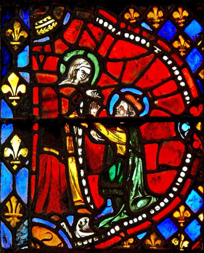 Fenêtre w6 représentant une scène de la Vie de la Vierge Marie : Joseph demande pardon à la Vierge Marie - French School