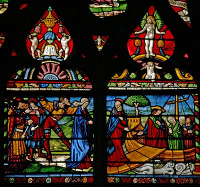 Fenêtre w6 représentant une scène de la vie de Sainte Marie-Madeleine - elle embarque sur un bateau - French School
