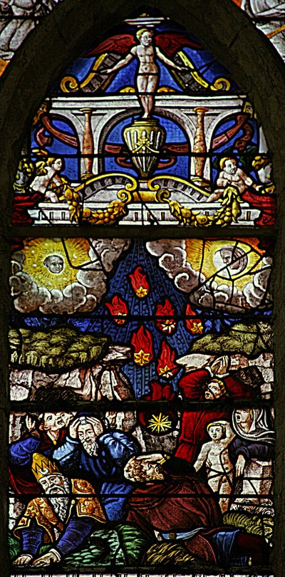 Fenêtre w7 représentant une scène du Livre de la Révélation de Saint Jean : des étoiles tombent sur la terre : le soleil devient noir et la lune comme du sang - French School
