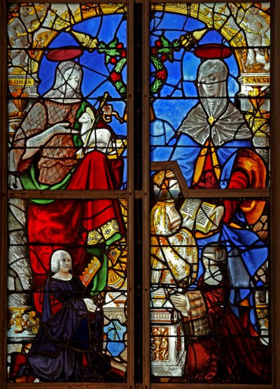 Fenêtre w8 représentant des donateurs avec Saint Jean-Baptiste ; aussi Sainte Anne enseignant la lecture à la Vierge Marie - French School