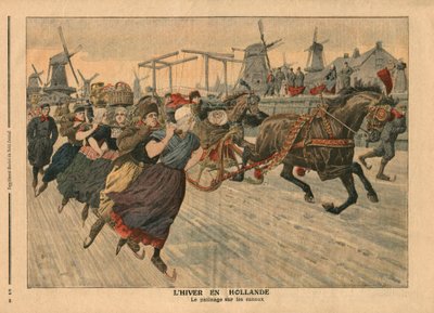 Hiver en Hollande, patinage sur le canal, illustration du 