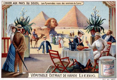 Hiver dans les pays du soleil : pyramides vues des environs du Caire - vignette publicitaire, chromo. Liebig, v.1900 - French School