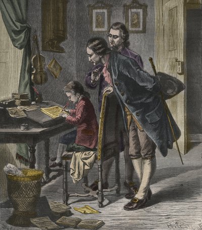 Wolfgang Amadeus Mozart écrivant un concerto en présence de son père, Leopold, illustration de 