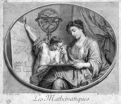 Femme et enfant avec compas et figures (allégorie des mathématiques) - gravure - French School