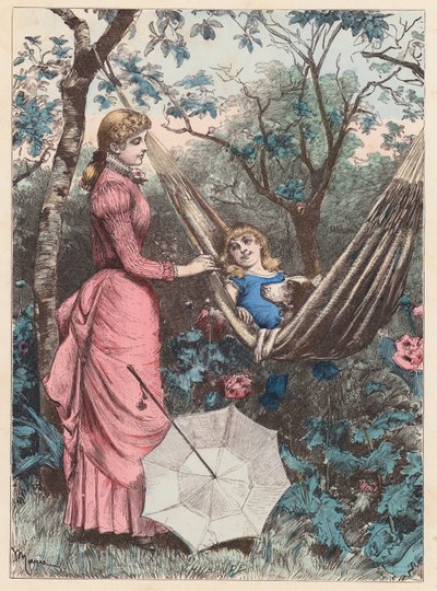 Femme, enfant et son chien de compagnie se relaxant dans le jardin - French School