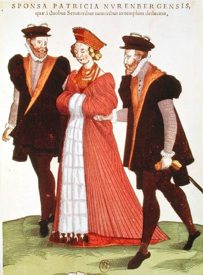 Femme de Nuremberg escortée au Temple par deux sénateurs, 1572 - French School