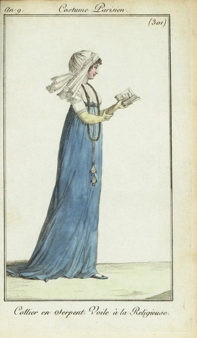 Femme en voile de nonne lisant un magazine de mode - French School