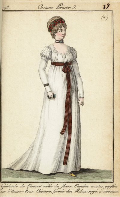 Femme à la mode de 1798 avec des cheveux courts sous une guirlande (gravure au cuivre colorée à la main) - French School