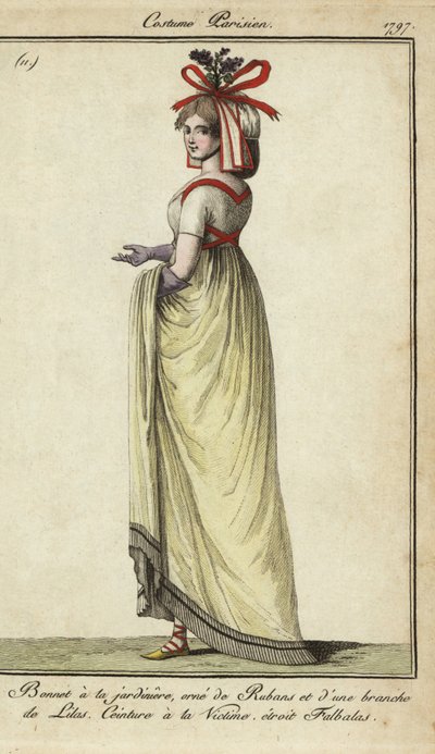 Femme avec ceinture de style victime et chapeau jardinière - French School