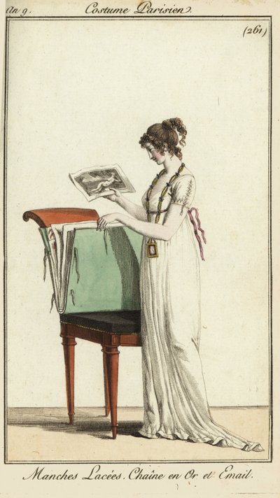 Femme regardant un portfolio de gravures - French School