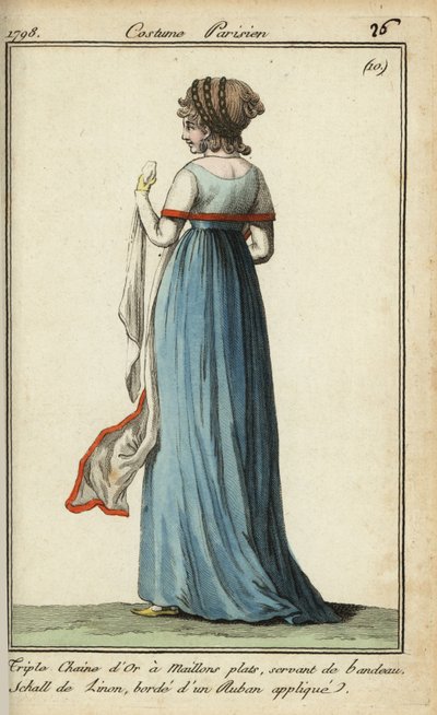 Femme avec châle transparent à la mode de 1798 (gravure sur cuivre colorée à la main) - French School