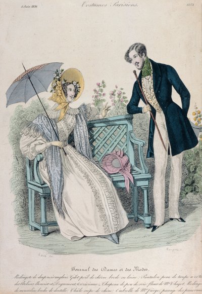 Femme avec parapluie et homme en redingote dans un jardin, planche de mode du Journal des Dames et des Modes, 5 juin 1836 - French School