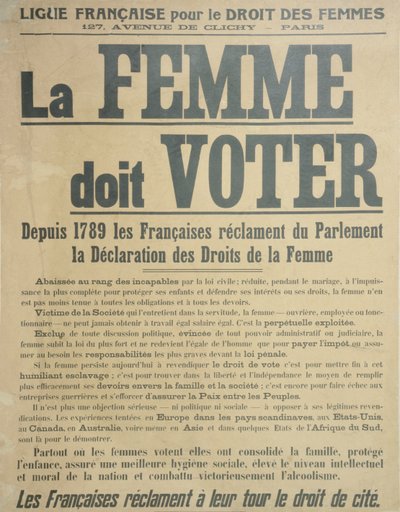 Les femmes doivent voter, affiche encourageant les femmes à lutter pour le droit de vote, 1914 - French School