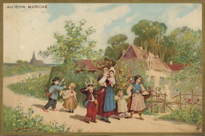 Femmes et enfants marchant - French School