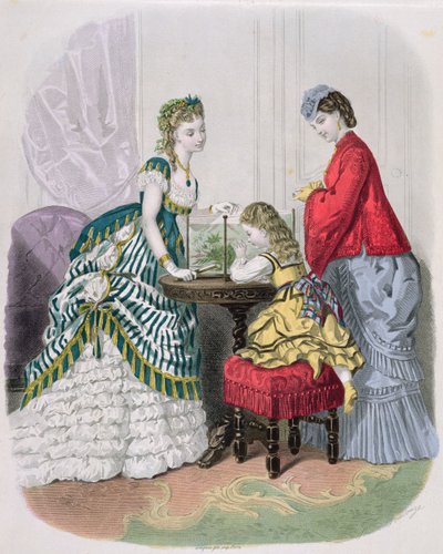Femmes et un enfant regardant un aquarium, de La Mode Illustrée, vers 1870 - French School
