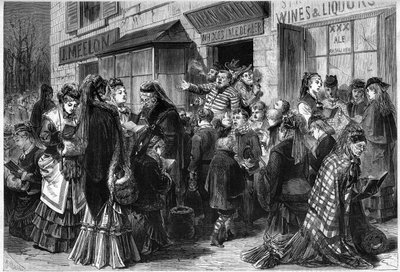 Femmes et enfants chantant des hymnes à la porte des débits de liqueurs de Chicago aux États-Unis - French School