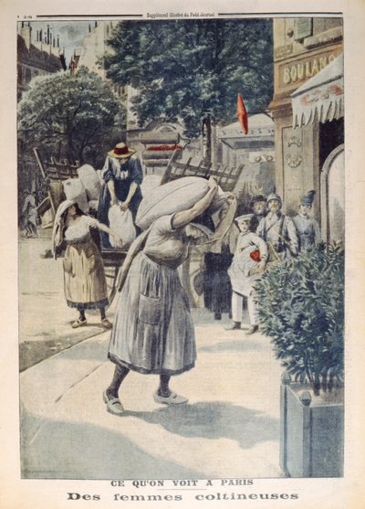 Femmes portant des sacs de farine pendant la Première Guerre mondiale à Paris, illustration du Petit Journal, 8 juillet 1917 - French School