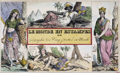 Femmes représentant 4 continents : Afrique, Europe, Amérique et Asie - Frontispice de "Le Monde en prints ou Géographie des cinq parties du monde" par le Chevalier de Roujoux - French School