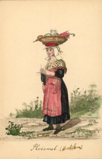 Costume féminin de Ploërmel, Morbihan (lithographie en couleur) - French School