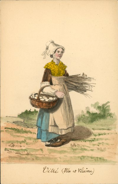 Costume féminin de Vitré, Ille-et-Vilaine (lithographie en couleur) - French School